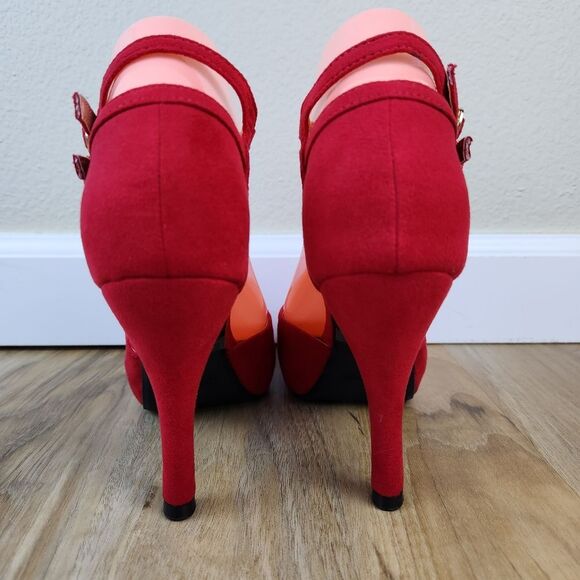 🩵NIB Red Faux Suede Leather Double Ankle Strap Platform Heels Size 7.5 - Picture 11 of 14